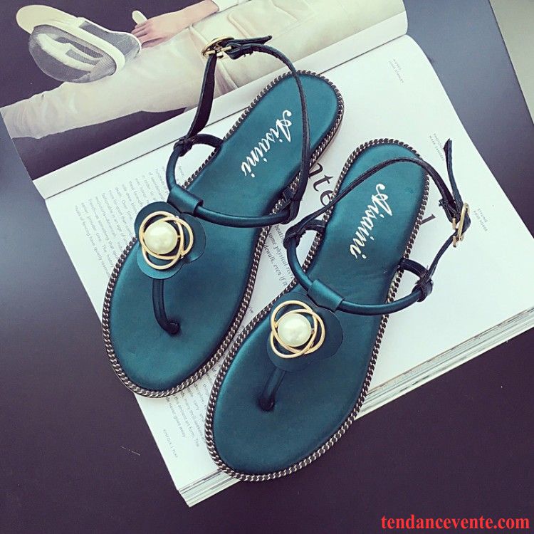 Achat Chaussures Pas Cher Fleurs Été Femme Perle Chaussons Plates Plage Étudiant Tendance Blé
