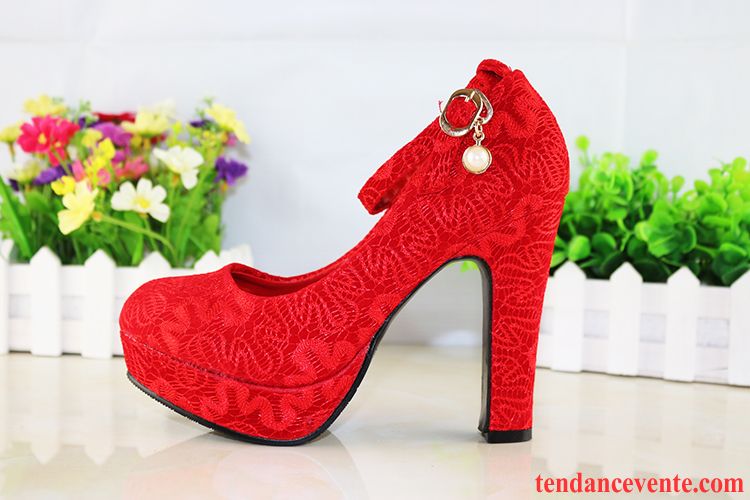 Achat De Escarpins Femme Bout Rond Talons Hauts Chaussures De Mariage Rouge Plateforme Étanche Mariée Blanc