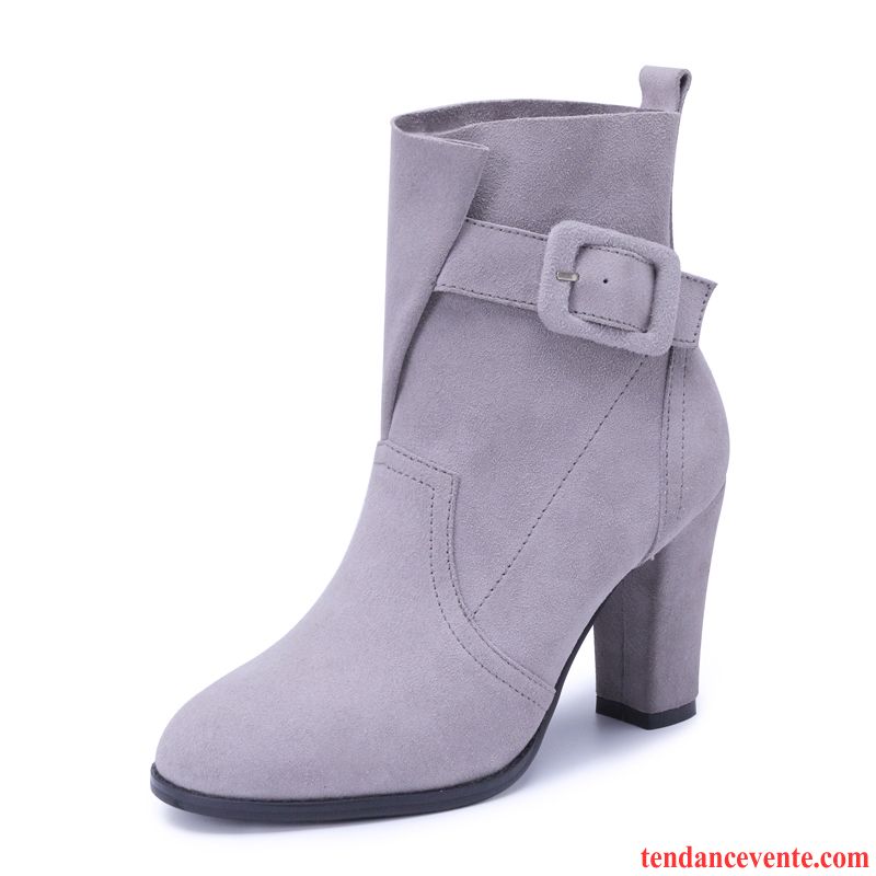 Acheter Des Bottes Femme Sexy Gris L'automne Talons Hauts Femme Hiver Épais Bout Rond Tomate