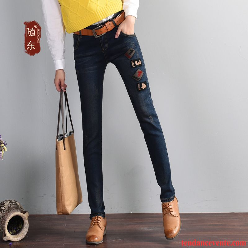 Acheter Jean Taille Haute Broderie Pantalon Extensible Étudiant Femme Tendance Maigre L'automne Pantalons Crayon Mince Hiver Pierre Pas Cher