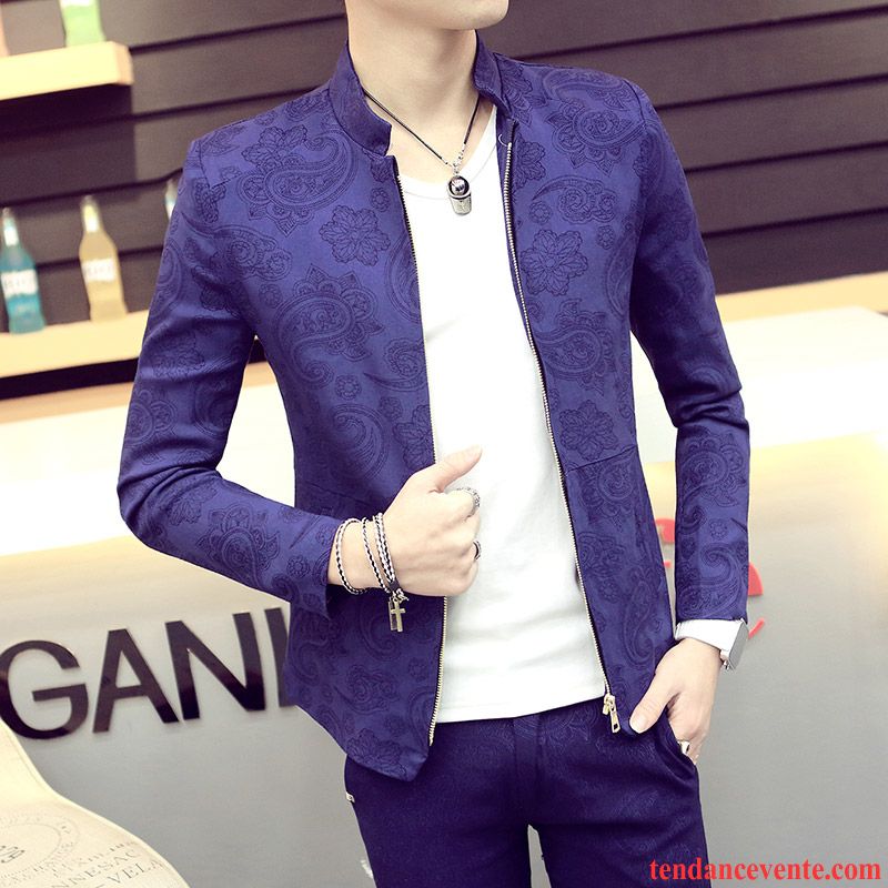 Blazer Blazer Cuir Vintage Décontractée L'automne Jeunesse Homme Slim Pardessus Une Veste Tendance Col Mandarin Pas Cher