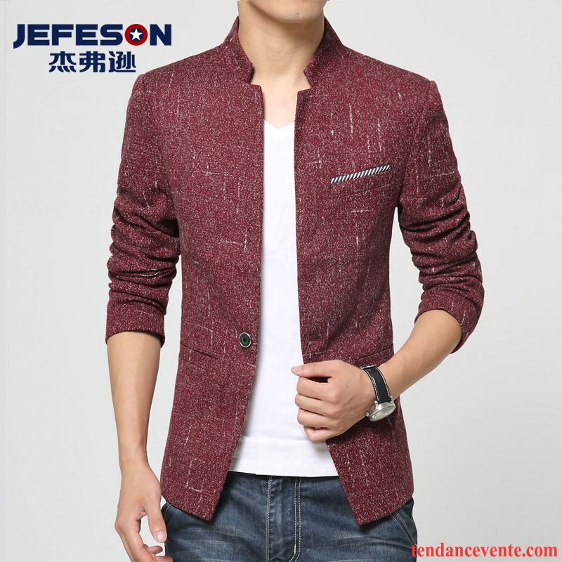 Blazer Blazer Cuir Vintage Jeunesse Tendance Slim Col Mandarin Décontractée Pardessus Homme L'automne Mode Rouge