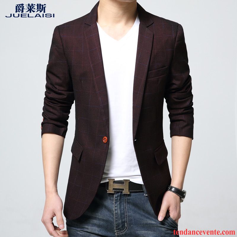 Blazer En Cuir Marron Une Veste Britanique Carreaux Slim Tous Les Assortis Jeunesse L'automne Homme Mince Pardessus Mauve