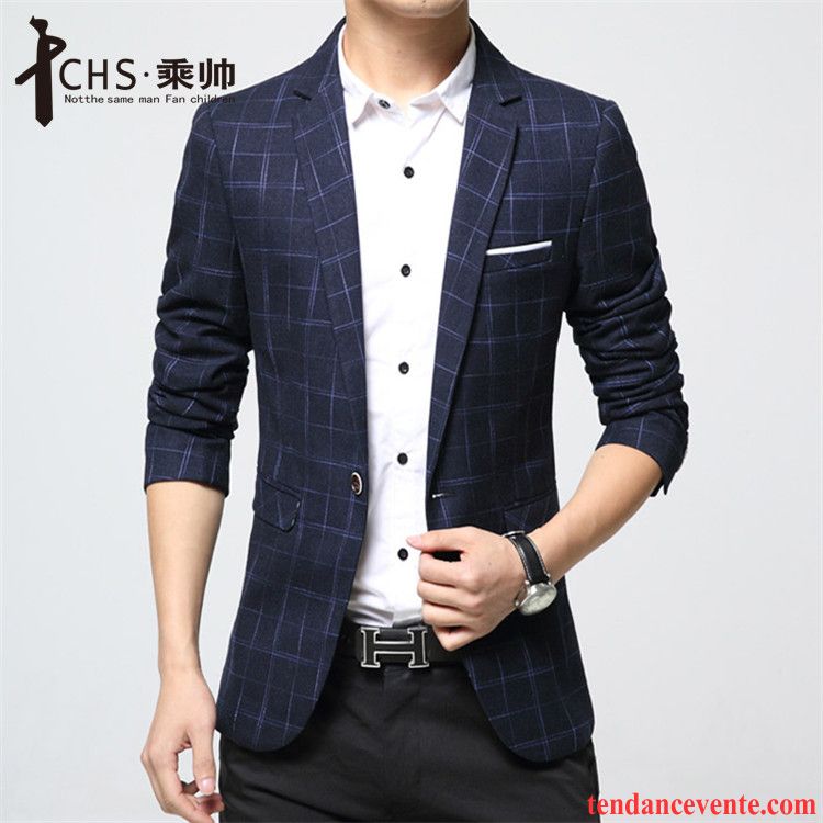 Blazer En Cuir Pour Homme Homme Pardessus Une Veste Costume Slim Taillissime Décontractée Carreaux Britanique Mode Jeunesse L'automne