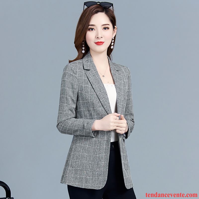 Blazer Femme Carreaux Dame Tendance Légère Court Pardessus Noir