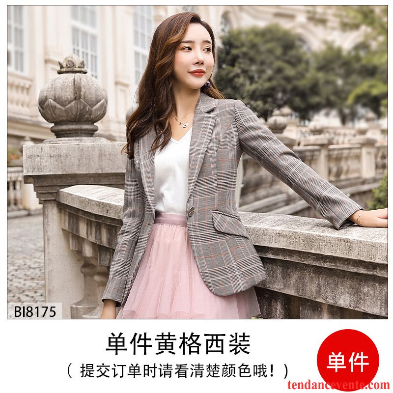 Blazer Femme Costume Printemps Carreaux Court Tous Les Assortis Décontractée Rouge Gris