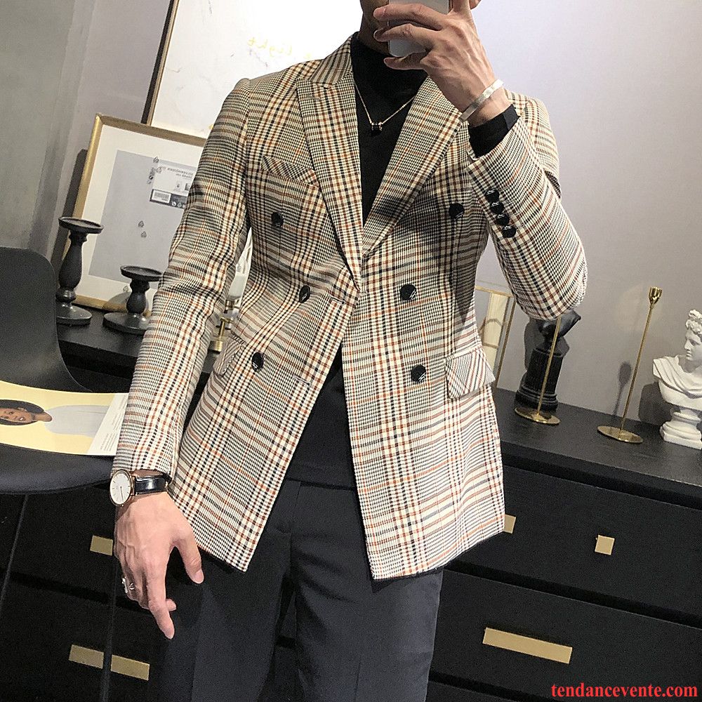 Blazer Homme Décontractée Une Veste Vérifier Carreaux L'automne Pardessus Tendance Gris