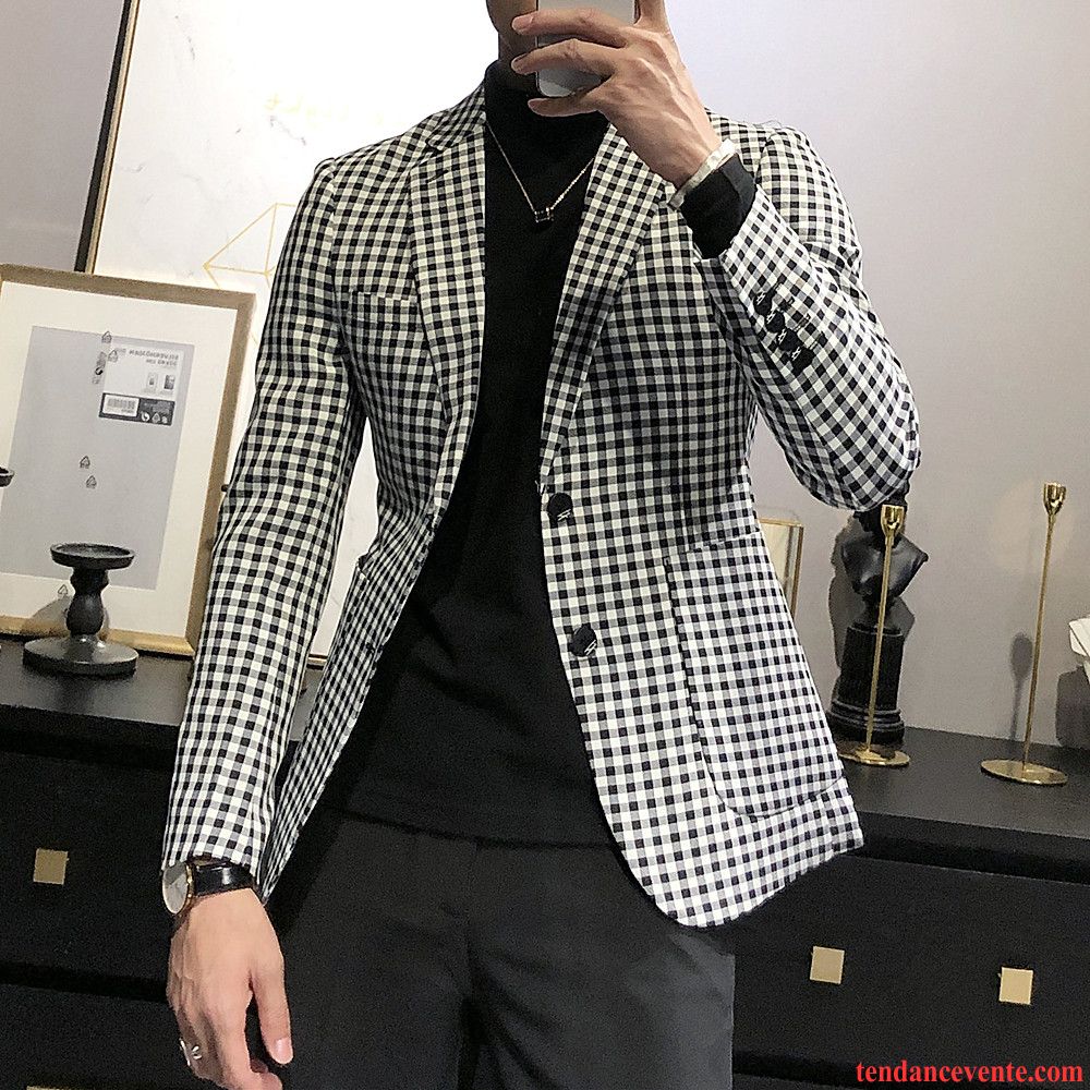 Blazer Homme Décontractée Une Veste Vérifier Carreaux L'automne Pardessus Tendance Gris