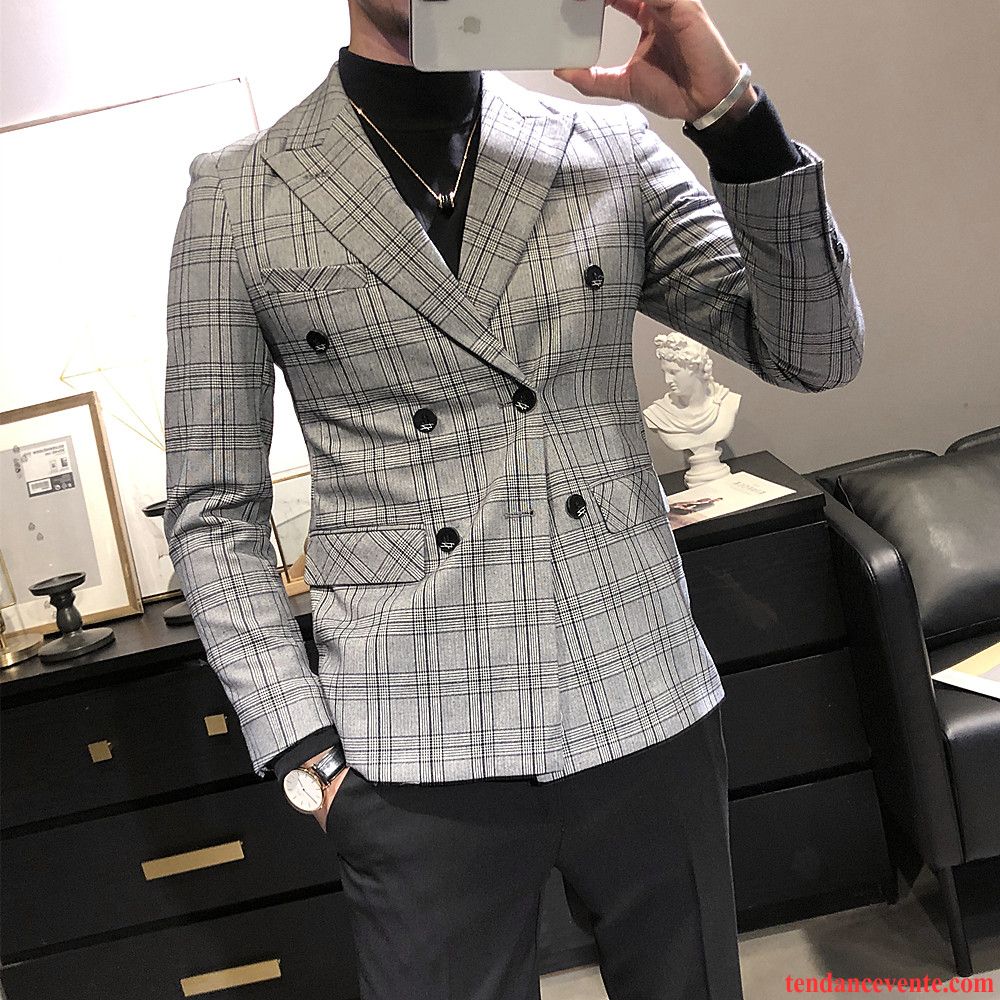 Blazer Homme Décontractée Une Veste Vérifier Carreaux L'automne Pardessus Tendance Gris