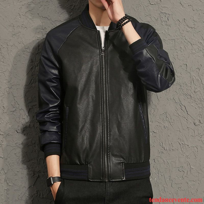 Blouson Cuir Avec Capuche Slim Veste Tendance Pardessus Beau Cuir Locomotive Homme Jeunesse Saphir