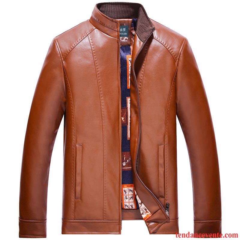 Blouson Cuir Aviateur Rouge Homme Mince Plus De Velours Vêtements D'hiver Pardessus Col Mandarin Veste Décontractée L'automne Cuir Or Soldes