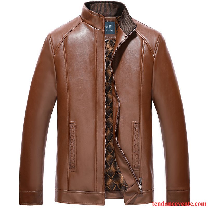 Blouson Cuir Aviateur Rouge Homme Mince Plus De Velours Vêtements D'hiver Pardessus Col Mandarin Veste Décontractée L'automne Cuir Or Soldes