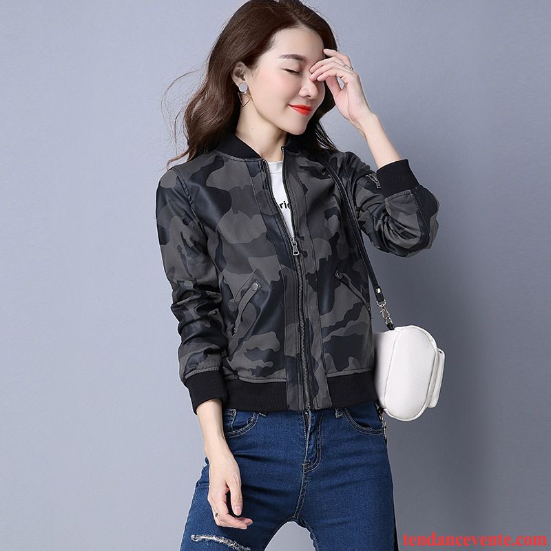 Blouson Cuir Bleu Femme Tendance Femme Camouflage Veste L'automne Cuir Court Longues Mince Printemps Pardessus Slim