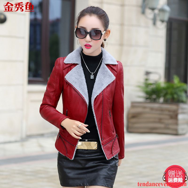 Blouson Cuir Femme Grande Marque Plus De Velours Renforcé Hiver Court Décontractée Tendance Cuir Veste Pardessus Femme Mode Dame Pu Or