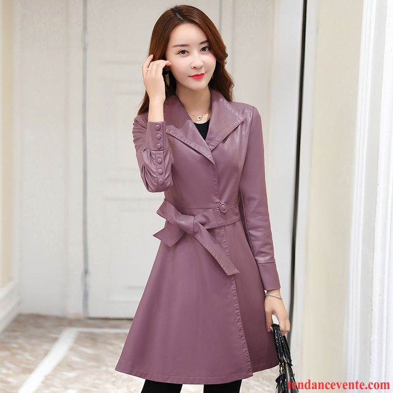 Blouson Cuir Femme Marron Delavé Femme Longues Nervurées Mince Printemps Pardessus L'automne Dame Coupe Vent Manteau Cuir Crème