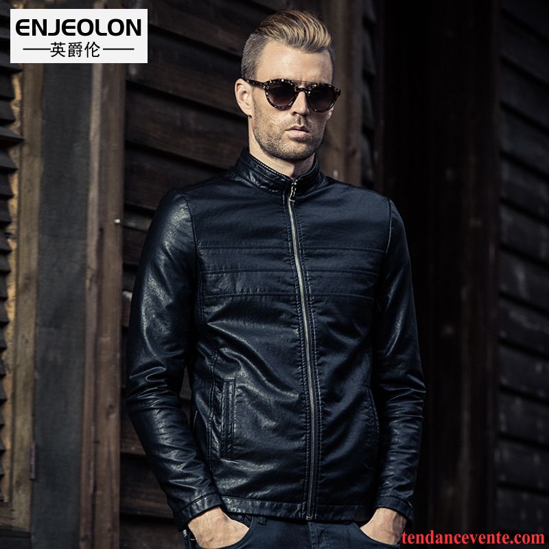 Blouson Cuir Homme Promo Simple Gris Court Jeunesse Cuir Printemps Homme Rétro Slim Pardessus Décontractée Veste Saphir