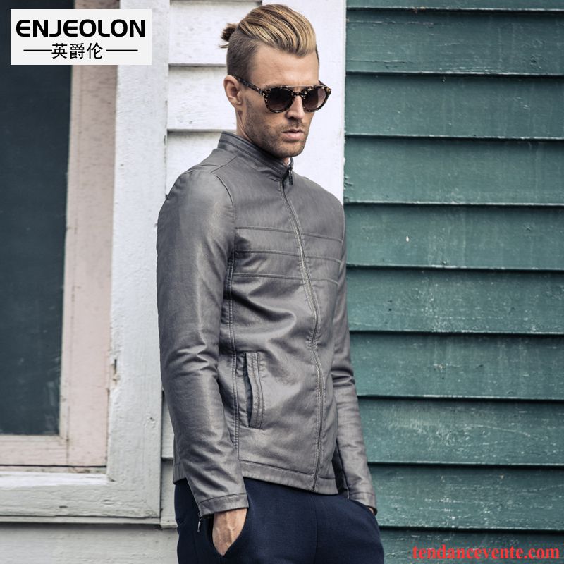 Blouson Cuir Homme Promo Simple Gris Court Jeunesse Cuir Printemps Homme Rétro Slim Pardessus Décontractée Veste Saphir