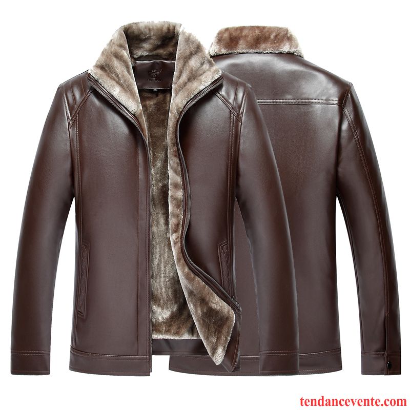 Blouson Cuir Luxe Homme Plus De Velours Homme Renforcé Veste Marron Cuir Chauds Pardessus Argent