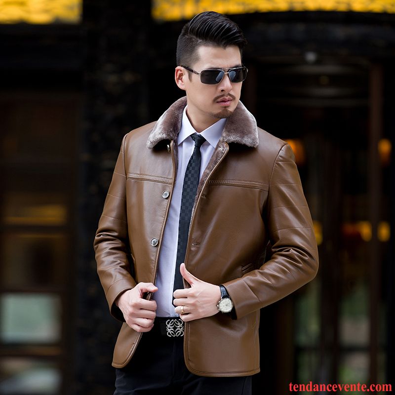 Blouson Cuir Mode Pas Cher Épais Veste Pardessus L'automne Hiver Plus De Velours Pu Homme Mauve