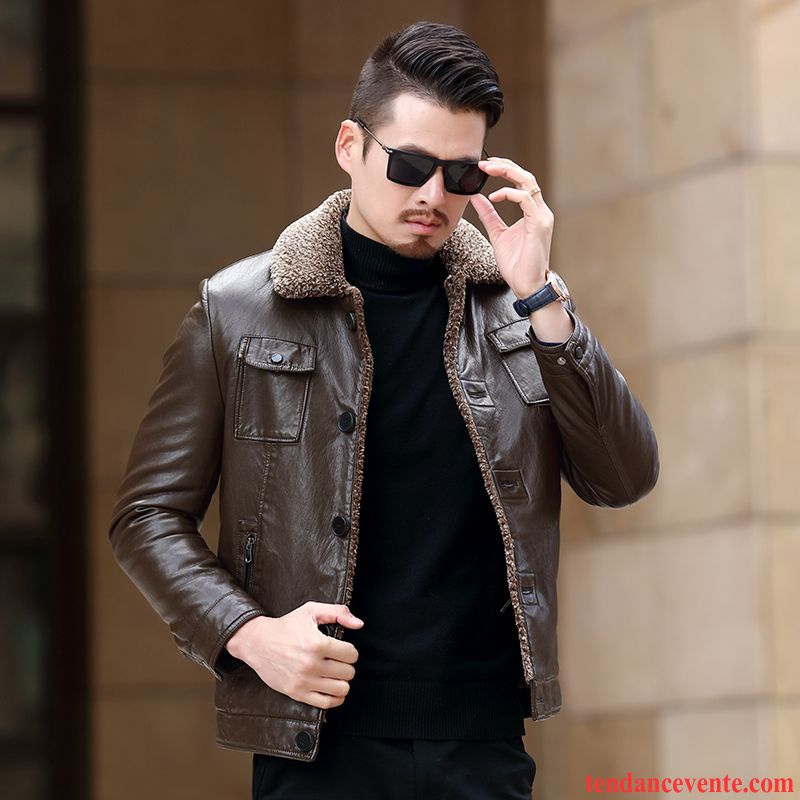 Blouson Cuir Moto Homme Renforcé Cuir Veste Hiver Beau Vêtements D'hiver Noir Pardessus Slim Plus De Velours Homme