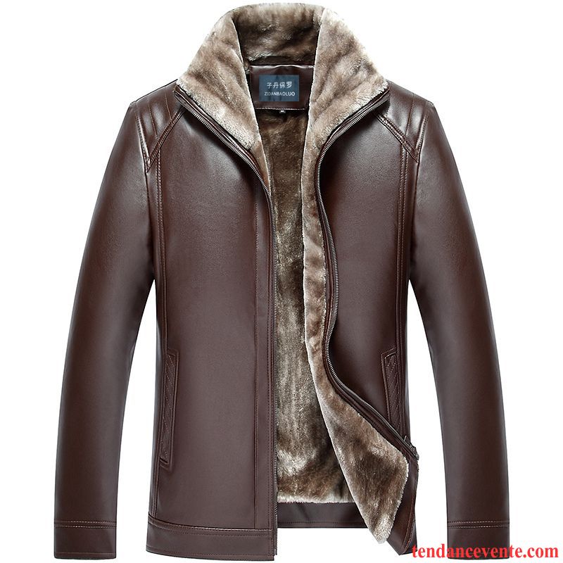 Blouson Cuir Moto Manteau Veste Homme Pardessus Renforcé Hiver Pu Plus De Velours Cuir Rouge Beige