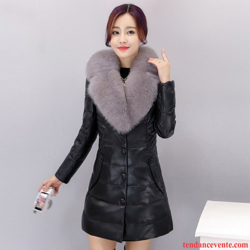 Blouson Cuir Tendance Femme Cuir Renforcé Col De Fourrure L'automne Vêtements D'hiver Longue Manteau En Coton Matelassé Pu Dame Pardessus Argent