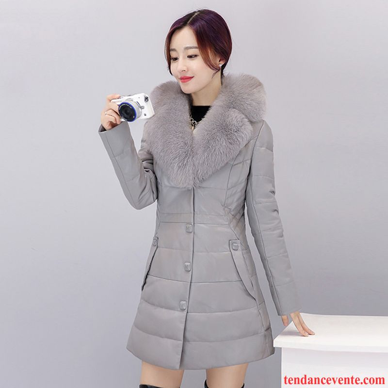 Blouson Cuir Tendance Femme Cuir Renforcé Col De Fourrure L'automne Vêtements D'hiver Longue Manteau En Coton Matelassé Pu Dame Pardessus Argent