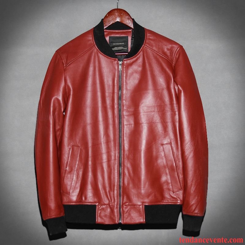 Blouson De Cuir En Vente Veste Rouge Peau De Mouton Homme Locomotive Vêtements De Baseball Pardessus Slim Taillissime Renforcé Cuir Véritable Marine Pas Cher