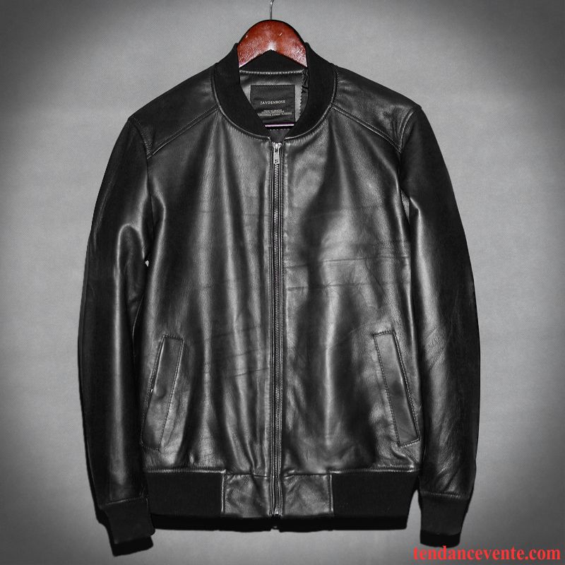 Blouson De Cuir En Vente Veste Rouge Peau De Mouton Homme Locomotive Vêtements De Baseball Pardessus Slim Taillissime Renforcé Cuir Véritable Marine Pas Cher