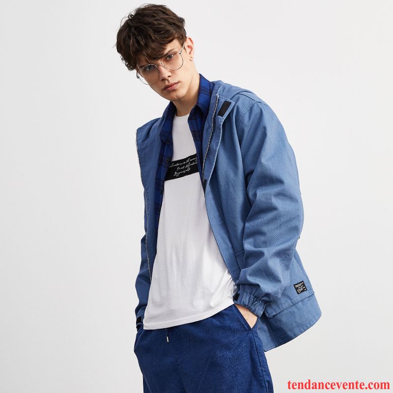 Blouson Demi Saison Homme Tendance Capuche Homme Bleu Veste Beau Étudiant Une Veste L'automne Pardessus Bureau Neige