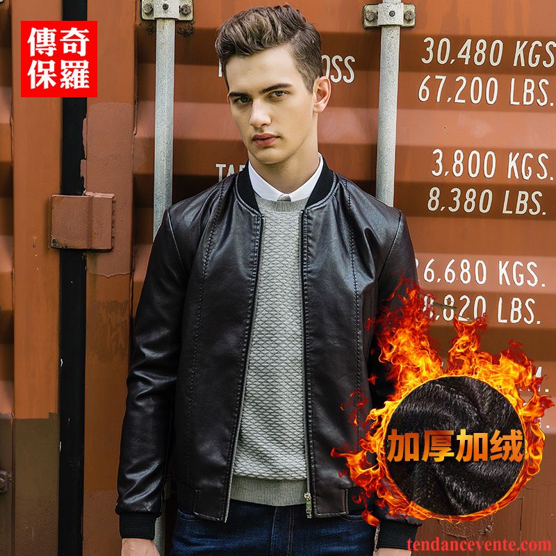 Blouson Style Motard Homme Jeunesse Slim Pu Cuir Veste Plus De Velours Hiver Pardessus Homme L'automne Jaune Pas Cher