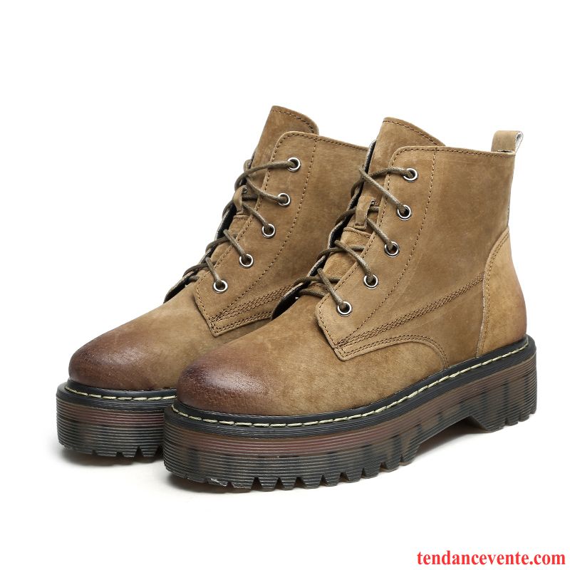 Boots Femme Cuir Beige Femme Angleterre Chaussures En Coton Hiver Étudiant Rétro Cuir Véritable Plus De Velours Semelle Épaisse Argent