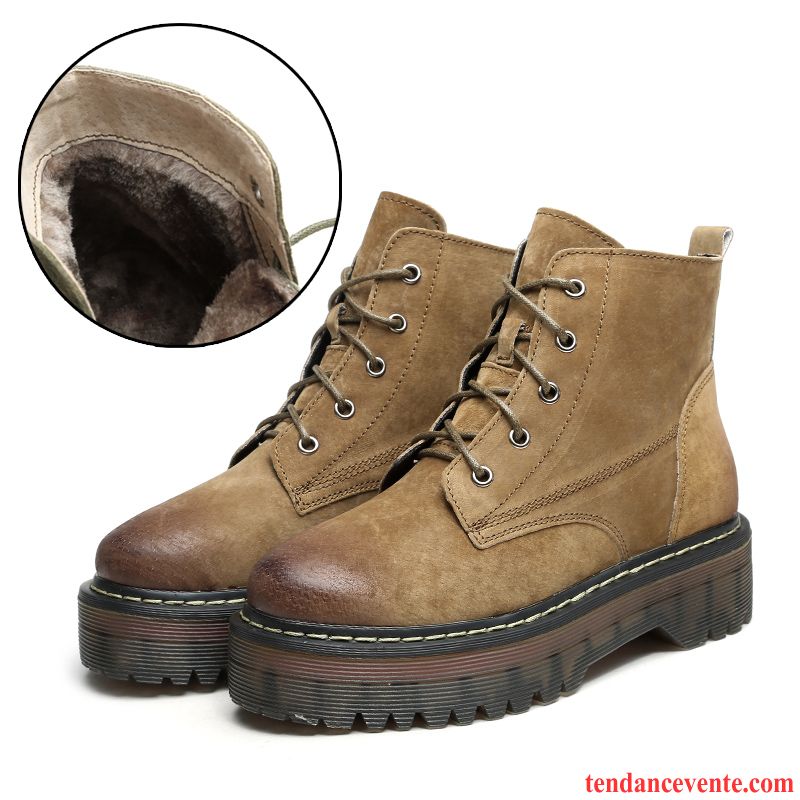 Boots Femme Cuir Beige Femme Angleterre Chaussures En Coton Hiver Étudiant Rétro Cuir Véritable Plus De Velours Semelle Épaisse Argent