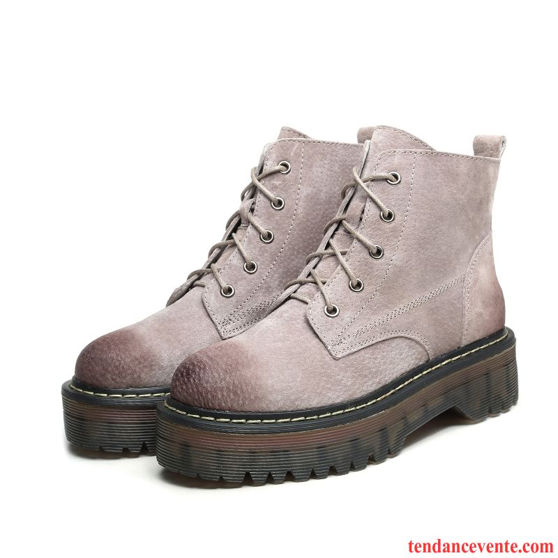 Boots Femme Cuir Beige Femme Angleterre Chaussures En Coton Hiver Étudiant Rétro Cuir Véritable Plus De Velours Semelle Épaisse Argent