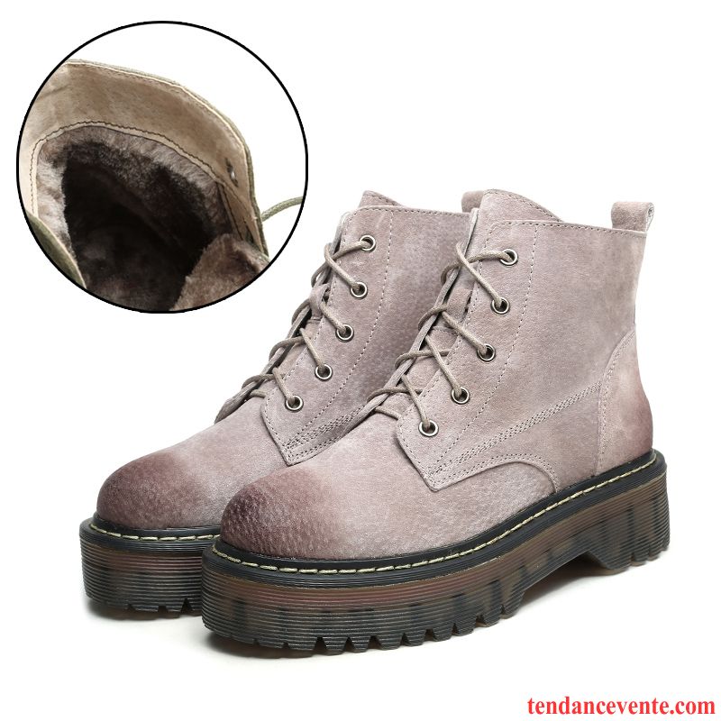 Boots Femme Cuir Beige Femme Angleterre Chaussures En Coton Hiver Étudiant Rétro Cuir Véritable Plus De Velours Semelle Épaisse Argent