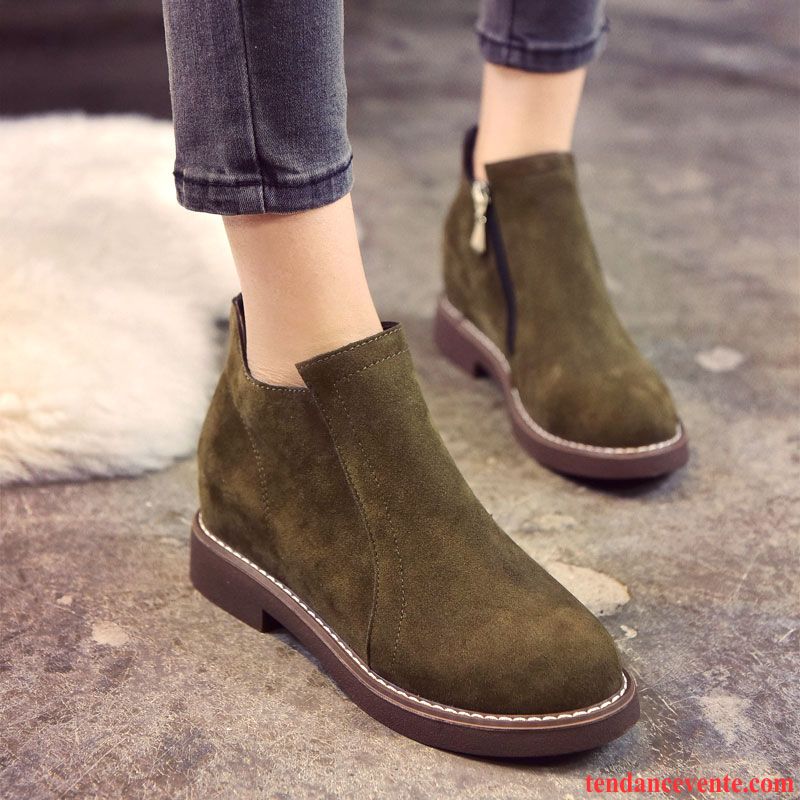 Boots Femme Cuir Marron L'automne Augmenté Délavé En Daim Épais Plus De Velours Angleterre Plates Femme Hiver Talons Hauts Vert