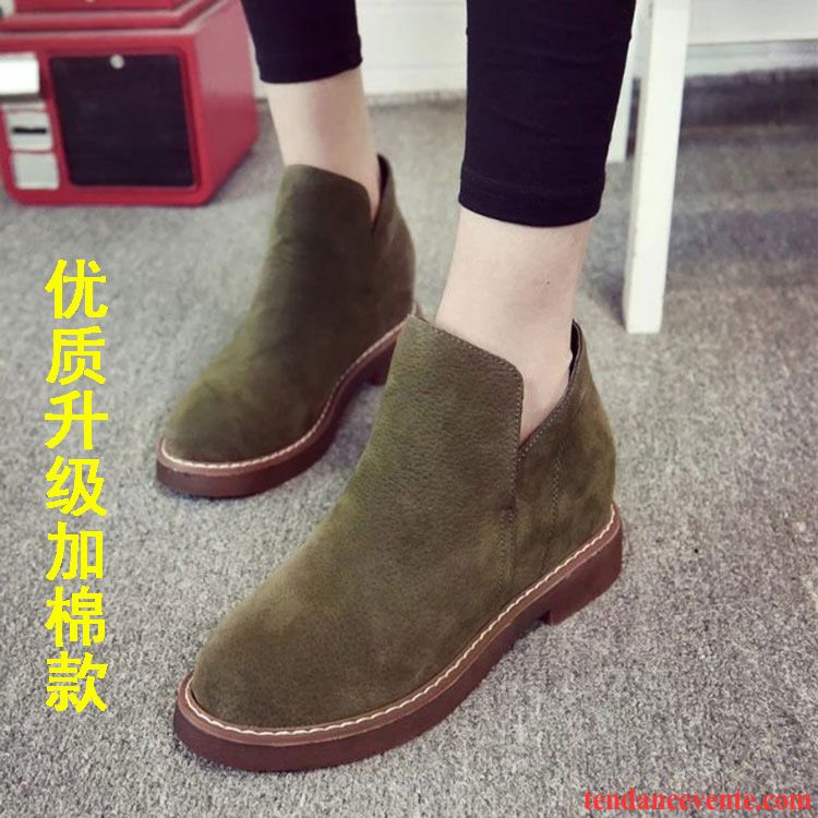 Boots Femme Cuir Marron L'automne Augmenté Délavé En Daim Épais Plus De Velours Angleterre Plates Femme Hiver Talons Hauts Vert