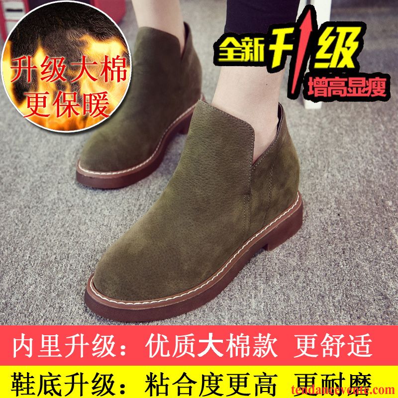 Boots Femme Cuir Marron L'automne Augmenté Délavé En Daim Épais Plus De Velours Angleterre Plates Femme Hiver Talons Hauts Vert