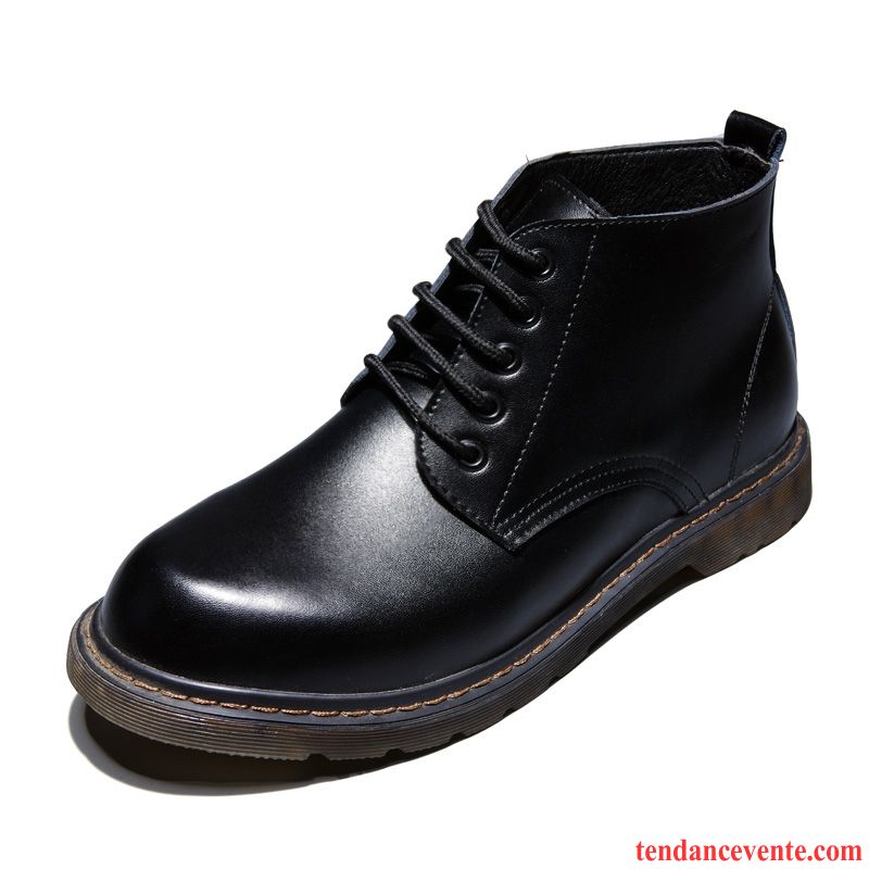 Boots Homme Cuir Pas Cher Rétro Hautes L'automne Hiver Chauds Cuir Véritable Homme Bout Rond Angleterre Chaussures En Coton Plus De Velours Bureau Chocolat Pas Cher