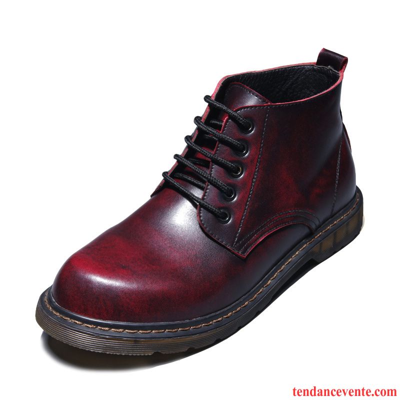 Boots Homme Cuir Pas Cher Rétro Hautes L'automne Hiver Chauds Cuir Véritable Homme Bout Rond Angleterre Chaussures En Coton Plus De Velours Bureau Chocolat Pas Cher