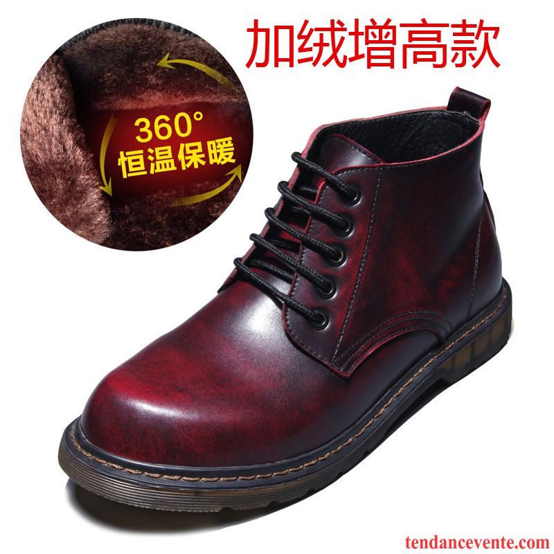 Boots Homme Cuir Pas Cher Rétro Hautes L'automne Hiver Chauds Cuir Véritable Homme Bout Rond Angleterre Chaussures En Coton Plus De Velours Bureau Chocolat Pas Cher