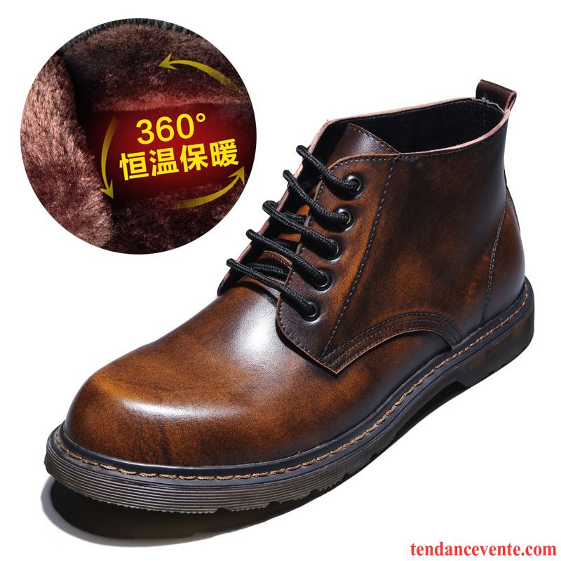 Boots Homme Cuir Pas Cher Rétro Hautes L'automne Hiver Chauds Cuir Véritable Homme Bout Rond Angleterre Chaussures En Coton Plus De Velours Bureau Chocolat Pas Cher