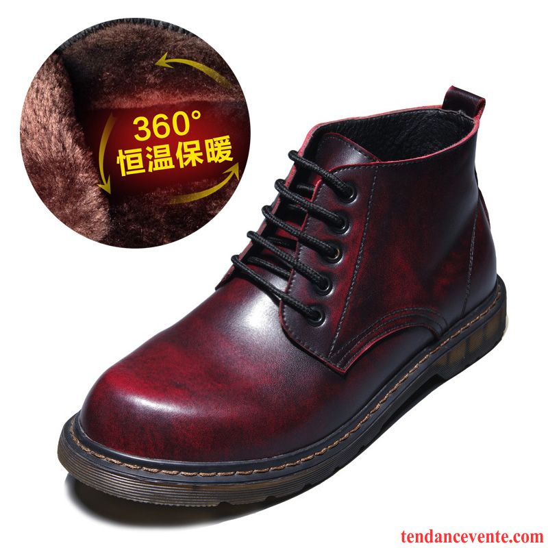 Boots Homme Cuir Pas Cher Rétro Hautes L'automne Hiver Chauds Cuir Véritable Homme Bout Rond Angleterre Chaussures En Coton Plus De Velours Bureau Chocolat Pas Cher