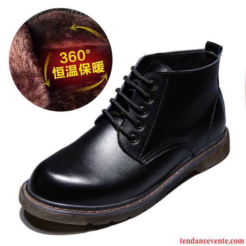 Boots Homme Cuir Pas Cher Rétro Hautes L'automne Hiver Chauds Cuir Véritable Homme Bout Rond Angleterre Chaussures En Coton Plus De Velours Bureau Chocolat Pas Cher