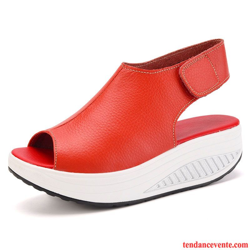 Botte De Sandales Pas Cher Velcro Plateforme Étanche Semelle Épaisse Wedges Peep-orteil Offre Spéciale Talons Compensés Été Femme Cuir Véritable