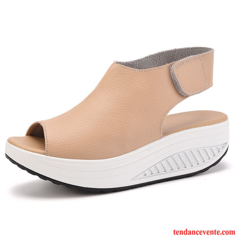 Botte De Sandales Pas Cher Velcro Plateforme Étanche Semelle Épaisse Wedges Peep-orteil Offre Spéciale Talons Compensés Été Femme Cuir Véritable