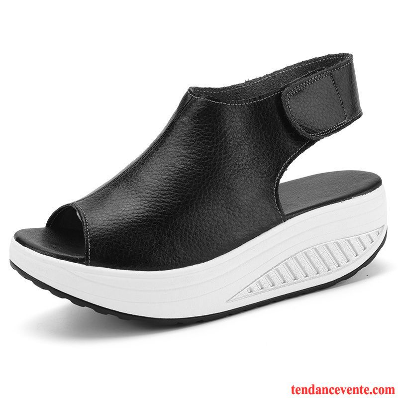 Botte De Sandales Pas Cher Velcro Plateforme Étanche Semelle Épaisse Wedges Peep-orteil Offre Spéciale Talons Compensés Été Femme Cuir Véritable