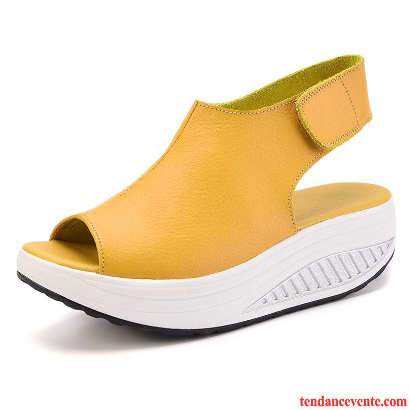 Botte De Sandales Pas Cher Velcro Plateforme Étanche Semelle Épaisse Wedges Peep-orteil Offre Spéciale Talons Compensés Été Femme Cuir Véritable