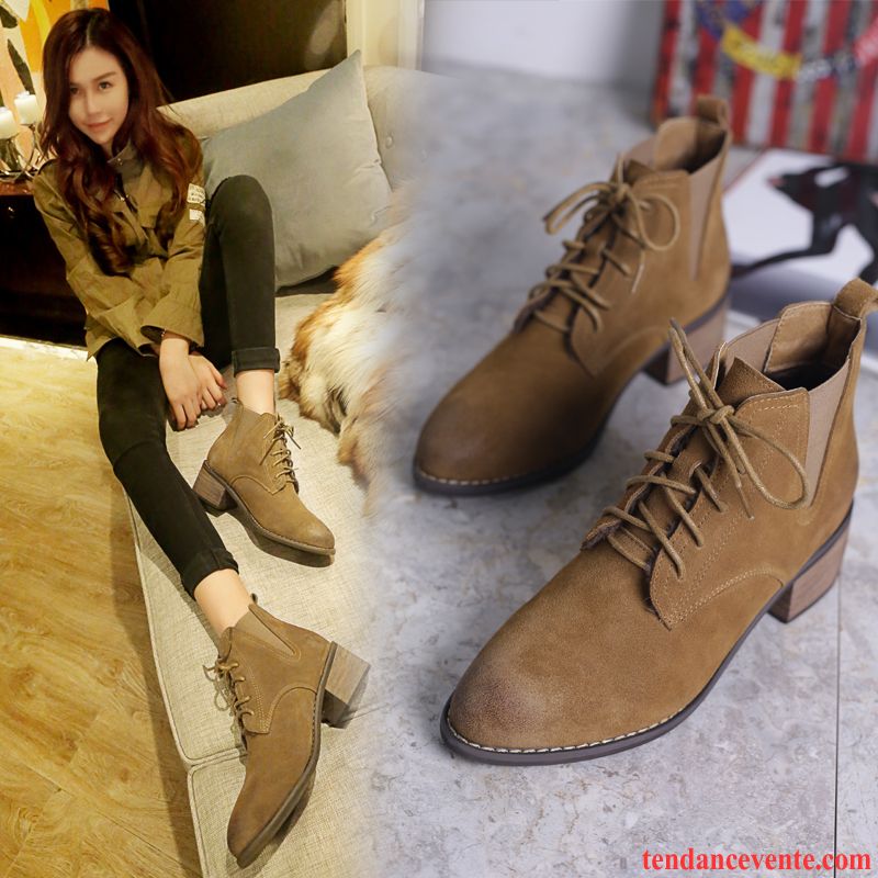 Botte Longue Pour Femme Épais Rétro Délavé En Daim Tendance Laçage Angleterre Femme Hiver Pointe Pointue L'automne Cuir Véritable En Cuir Marine Pas Cher