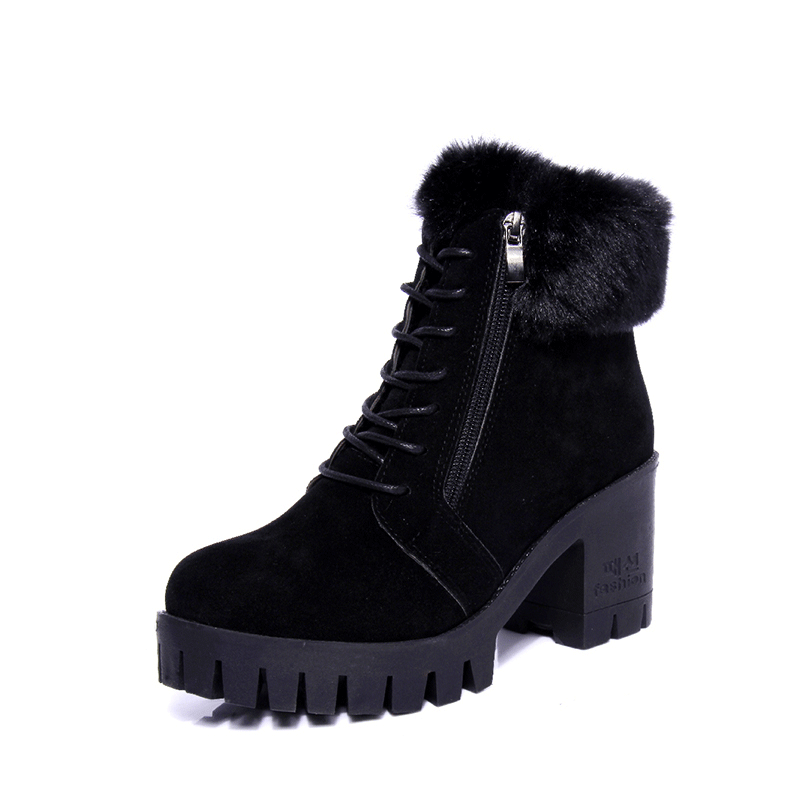 Bottes Cuir Femme Pas Cher Hiver Tous Les Assortis Angleterre Fermeture Éclair L'automne Plus De Velours Bout Rond Courte Épais Femme Pas Cher